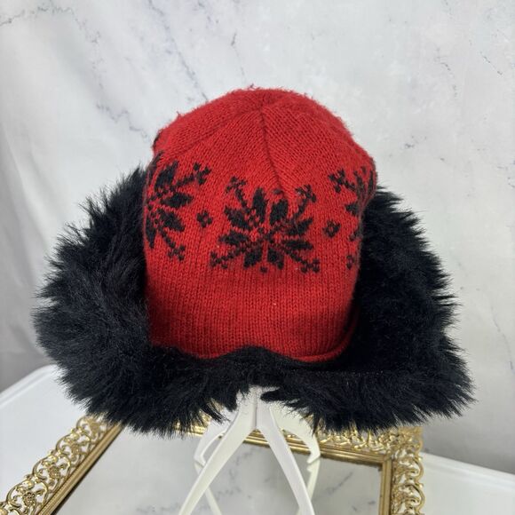 Vintage 70s Knit Russian Hat Women's Nordic Winter Beanie Red Black Faux Fur - Picture 10 of 13
